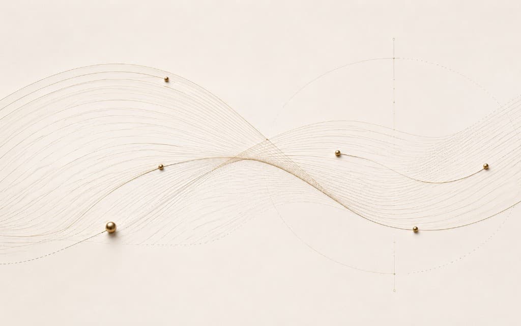 Elegant network of golden wave threads with floating spheres
