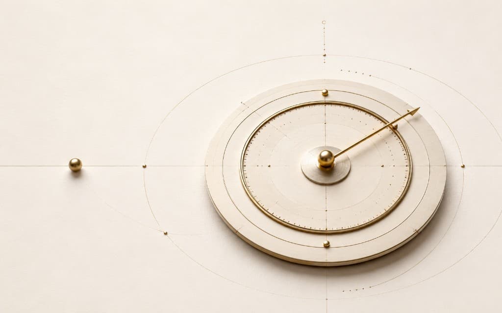 Brass compass with concentric rings and orbital markers on ivory