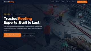 Summit Roofing website hero section with roofers working on residential roof installation and tagline Trusted Roofing Experts Built to Last