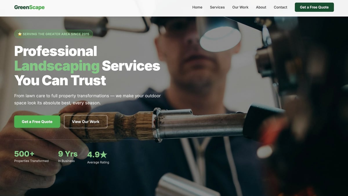 Professional landscaper in work attire holding tools with website header displaying landscaping services