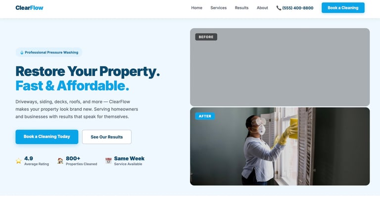 ClearFlow website showing pressure washing service offering with before/after property restoration images and customer rating